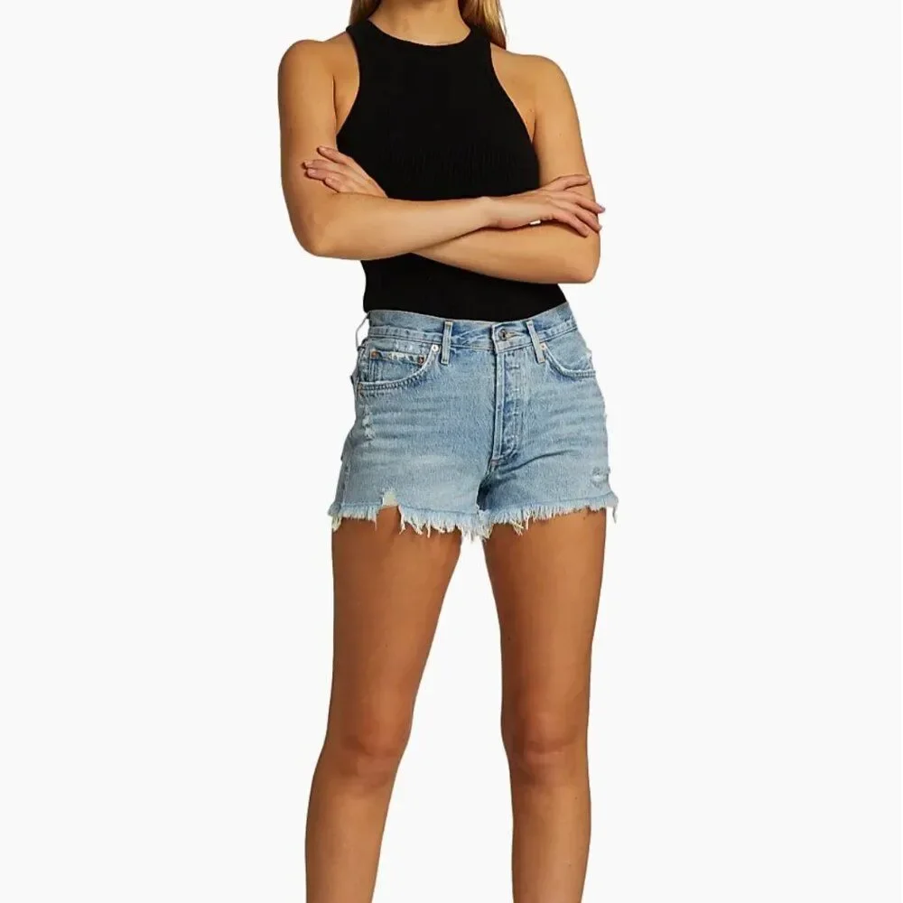 AGOLDE Women's Parker Long High Waisted Denim Distress Shorts Size 33
